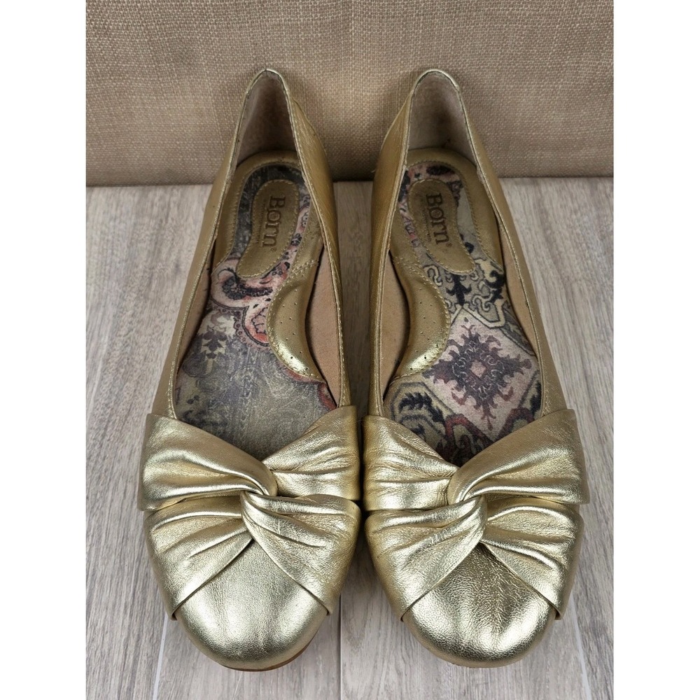 Born Lilly Metallic Gold Twisted Bow Leather Slip On Ballet Flats Womens 9 Boho